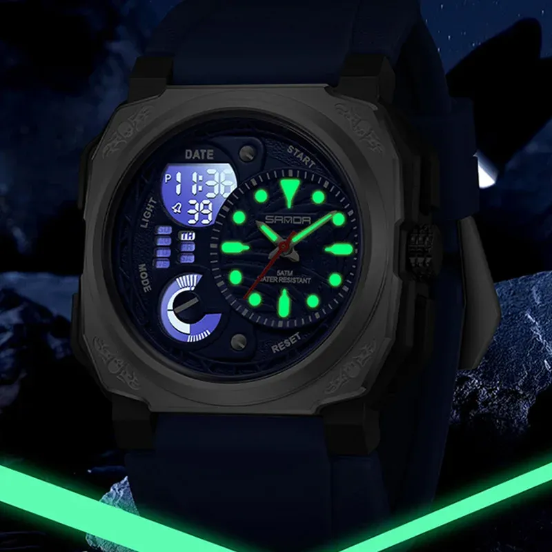 Nuovo orologio sportivo quadrato da uomo, orologio da esterno LED elettronico con cronometro, sveglia, doppio display, orologio al quarzo multifunzione da uomo_voghion.com
