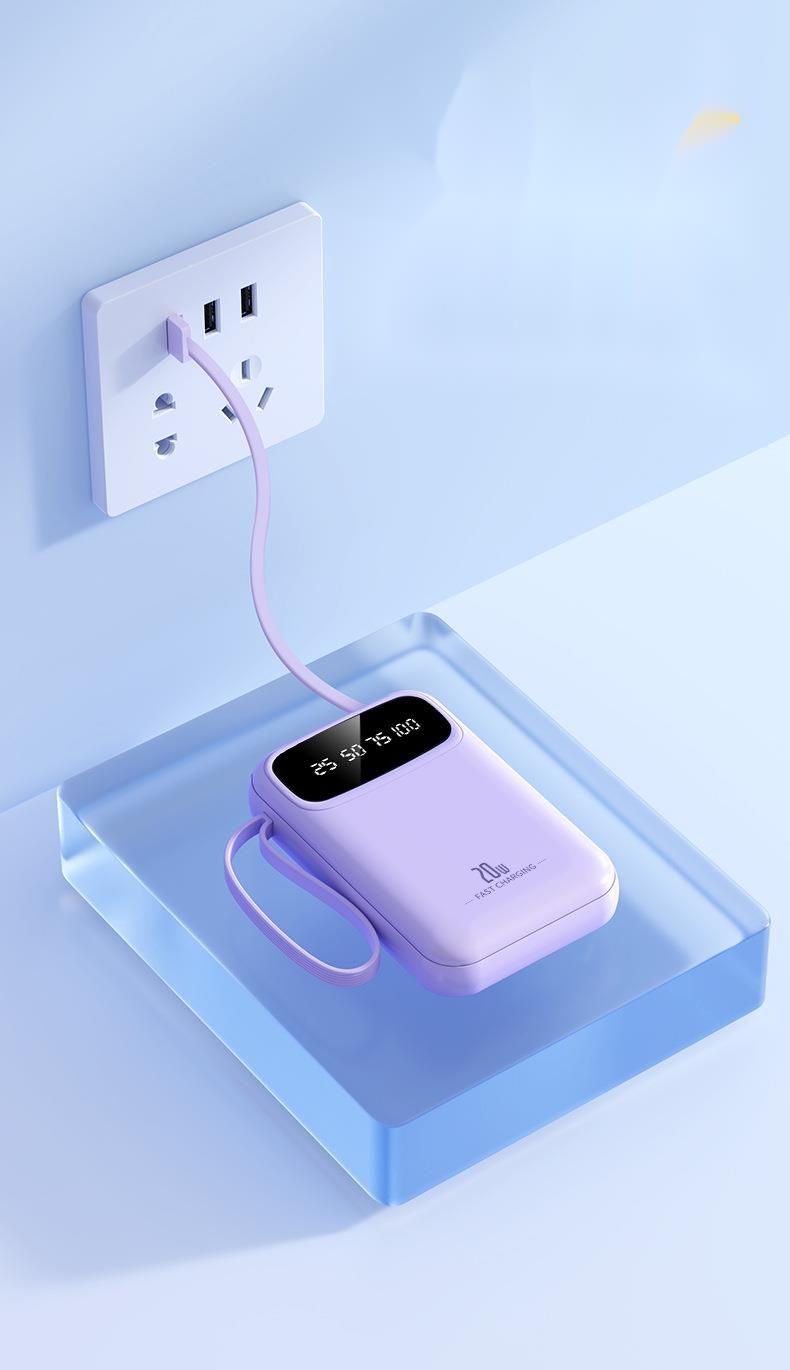 20000mAh Mini Power Bank With Built-in Cable – Ultra-Compact Portable Charger, High Capacity Fast Charging For Phones, Travel Gift_voghion.com