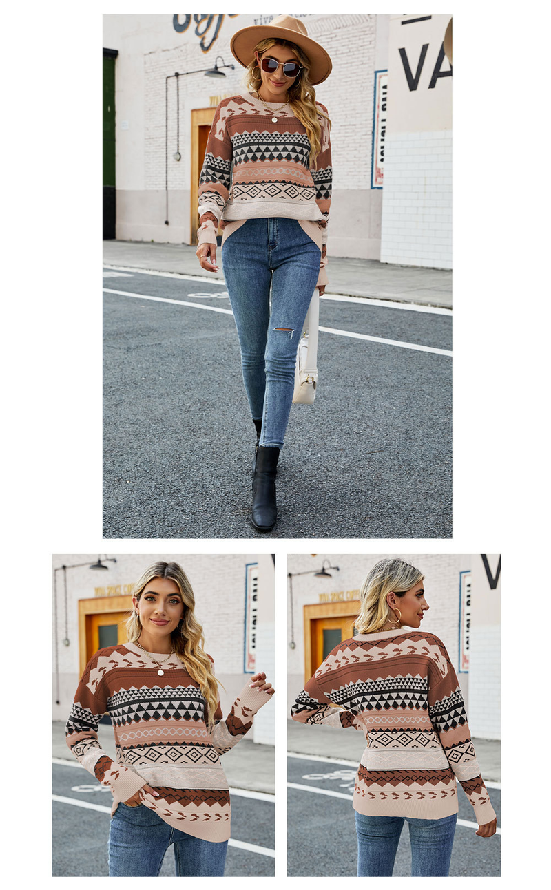 Women's clothing retro pattern diamond jacquard multi-color stitching sweater Halloween pullover sweater for women_voghion.com