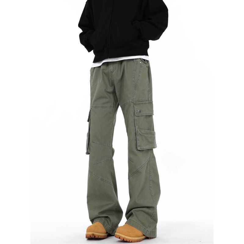 Simple Solid Color Cargo Loose Straight Structure Functional Long Pants American Style Multi-Pocket_voghion.com