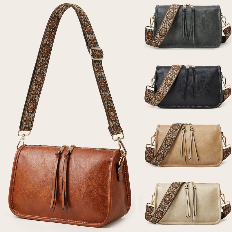 Borsa a tracolla larga in PU tinta unita da donna, stile bohémien_voghion.com