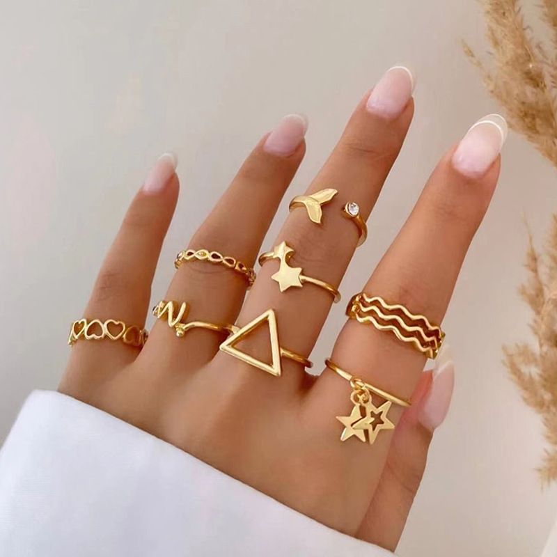 Jewelry Alloy Heart 8-Piece Set With Inlaid Diamonds Fish Tail Personality Star Stackable Ring_voghion.com