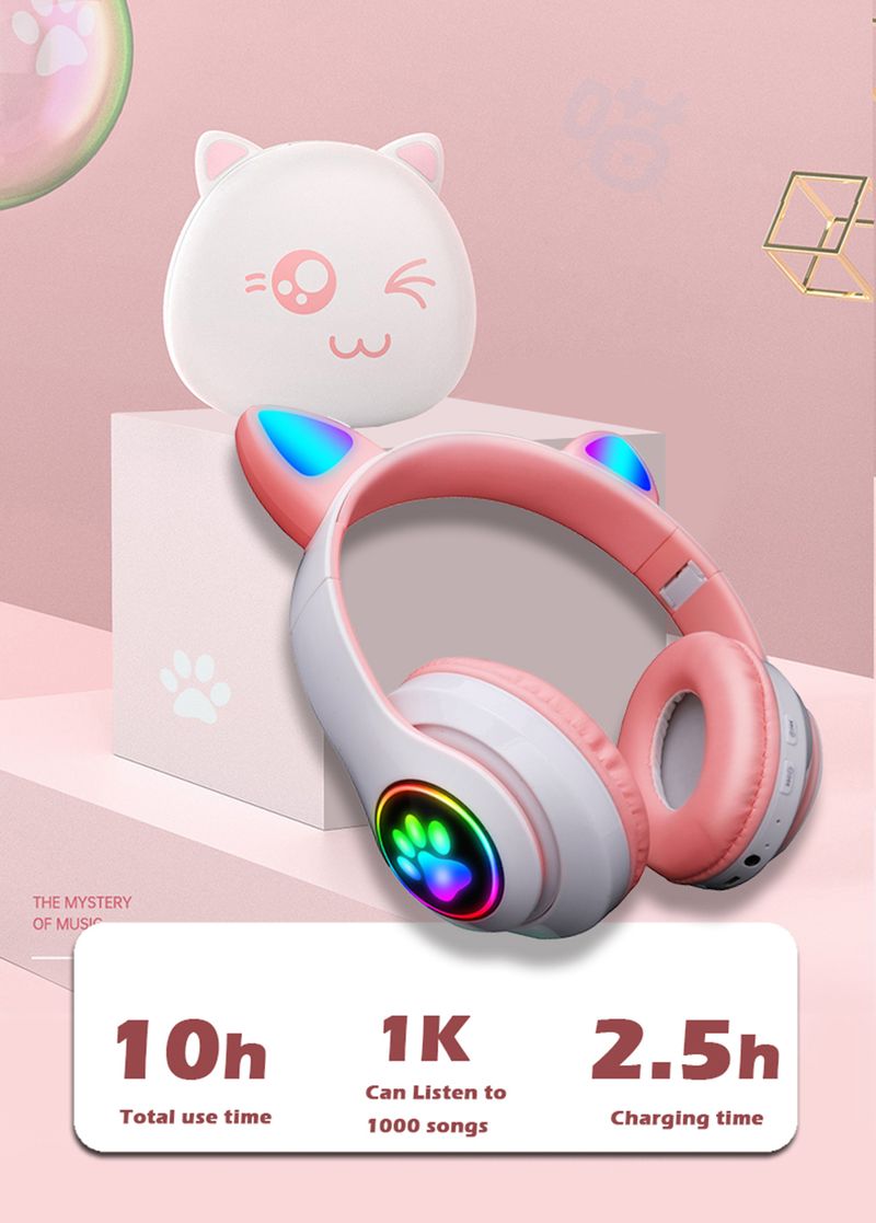 Cuffie wireless con orecchie di gatto rosa, compatibili con Bluetooth, auricolari stereo pieghevoli con microfono, musica per bambini_voghion.com