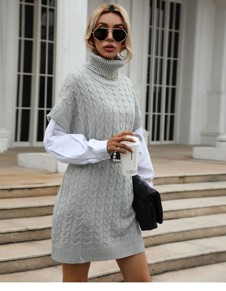 Solid Color Twisted Knitted Long Vest-type Turtleneck Sweater Dresses_voghion.com