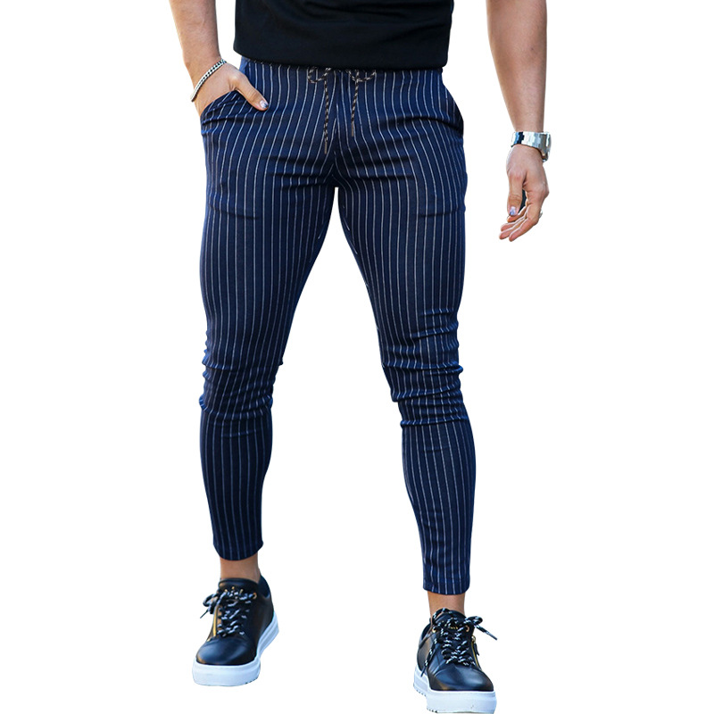 NOVEDAD DE VERANO 2023, línea de pies pequeños, moda para hombres, encaje Casual, pantalones ajustados a rayas_voghion.com