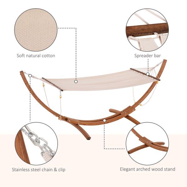 10' Wood Hammock With Stand, Breathable Cotton Surface, Boho Style For Single Person, For Patio Backyard Balcony Porch, White_voghion.com