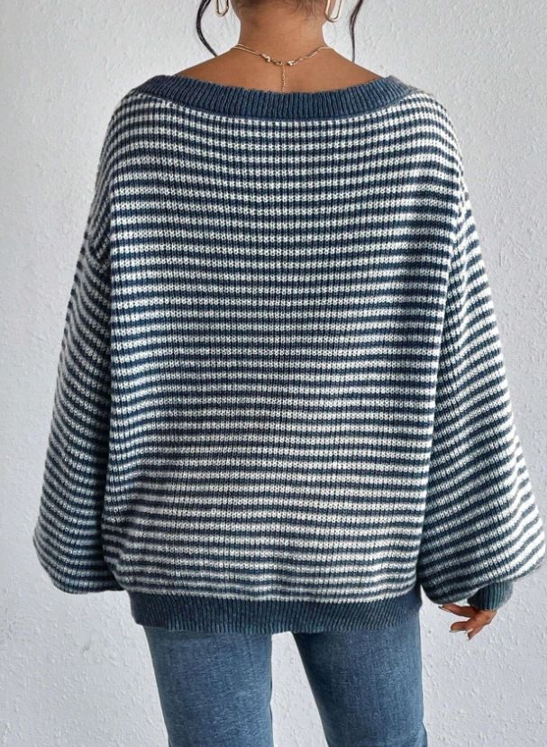 Maglione da donna in maglia con spalle scoperte, righe a blocchi di colore e maniche a lanterna – Vestibilità comoda e ampia per autunno e inverno_voghion.com