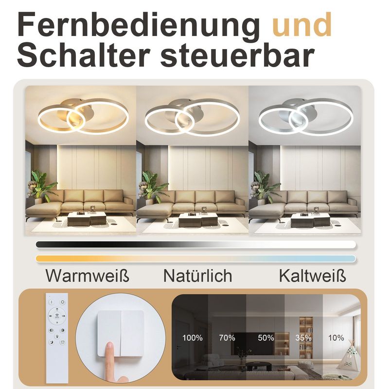 Glitzerlife LED Deckenleuchte - Wohnzimmerlampe Modern Dimmbar 40CM Schlafzimmerlampe Mit Fernbedienung Gold 2 Ring Aus Acryl 46W Deckenbeleuchtung_voghion.com