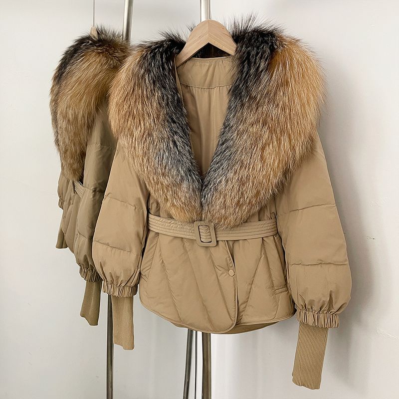 Women's Slim Fit Down Jacket With Detachable Fox Fur Collar, Warm Winter Coat For Petite, Mid-Length Puffer Coat With Belt_voghion.com