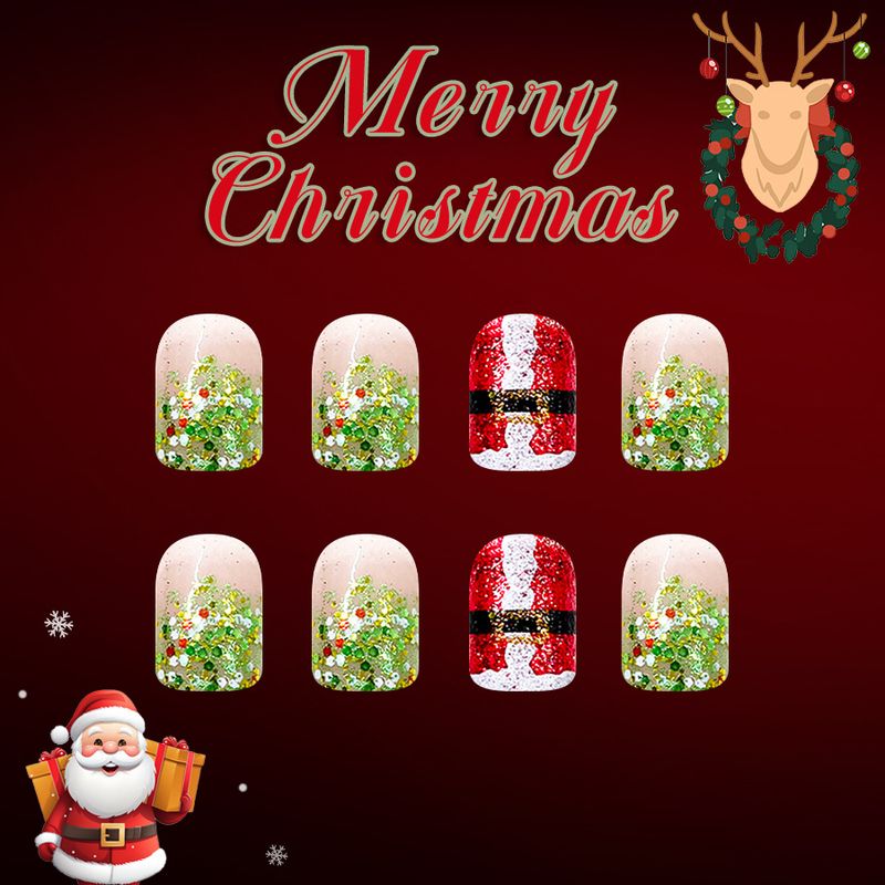 Ongles courts, brillants et carrés, style dégradé, paillettes vertes, motif Père Noël, collection Noël 2025._voghion.com