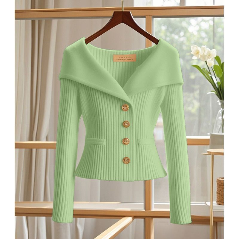 Women's Clothing Design Niche Elegant Knit Cardigan With Button Closure, Navy Collar & Waist-Defining Fit – Versatile For Work & Casual Wear_voghion.com