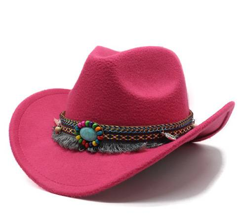 Cappello semplice a tesa rovesciata, cappello jazz in lana, cappello a cilindro stile inglese, cintura stile etnico, cappello da cowboy Western tinta unita_voghion.com