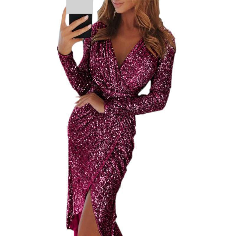 Ropa de mujer nueva con estampado en caliente sexy manga larga falda de longitud media cuello en V vestido de noche con abertura vestido ajustado para mujer_voghion.com
