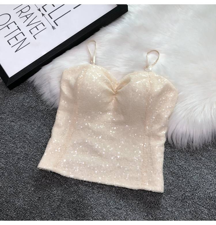 Abbigliamento da donna Cintura sexy Reggiseno imbottito Capispalla Bretelle Paillettes Intimo Corto Top da night club_voghion.com