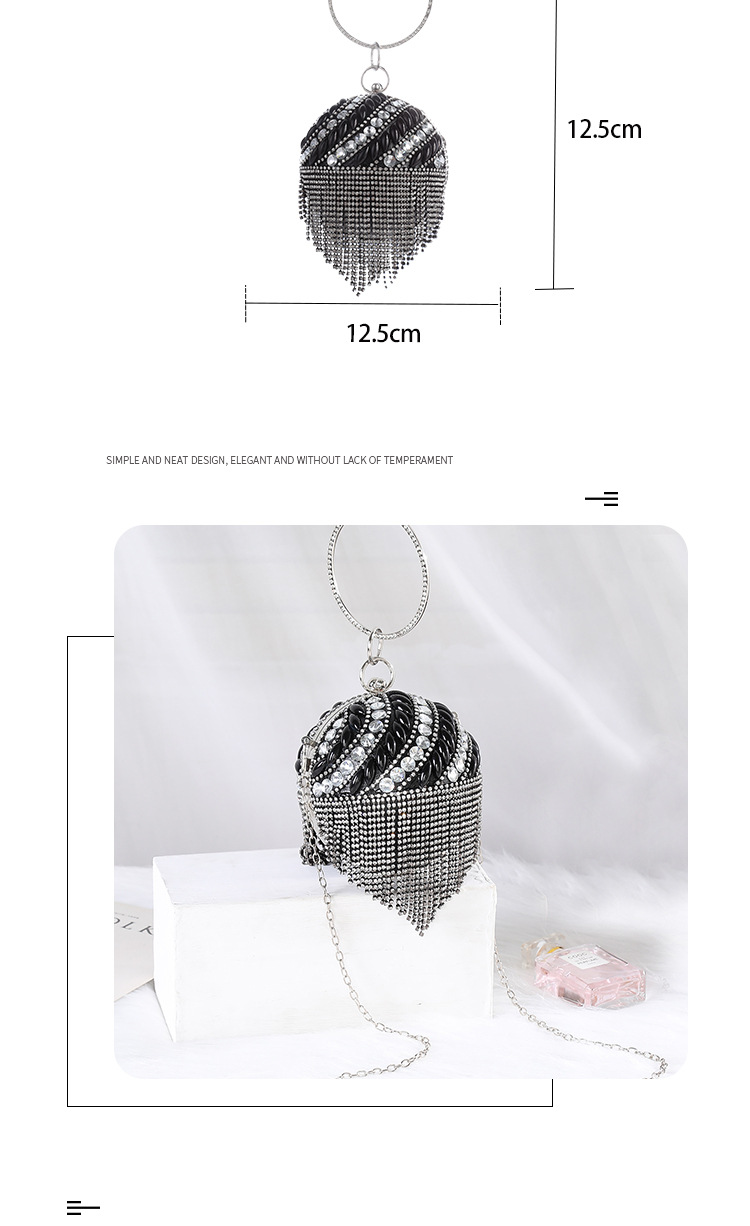 Borsa a mano per donna, borse da sera, elegante borsa da pranzo a mano, borsa da pranzo rotonda con frange di perle, piena di braccialetto di diamanti, piccola borsa rotonda in metallo con pallina_voghion.com