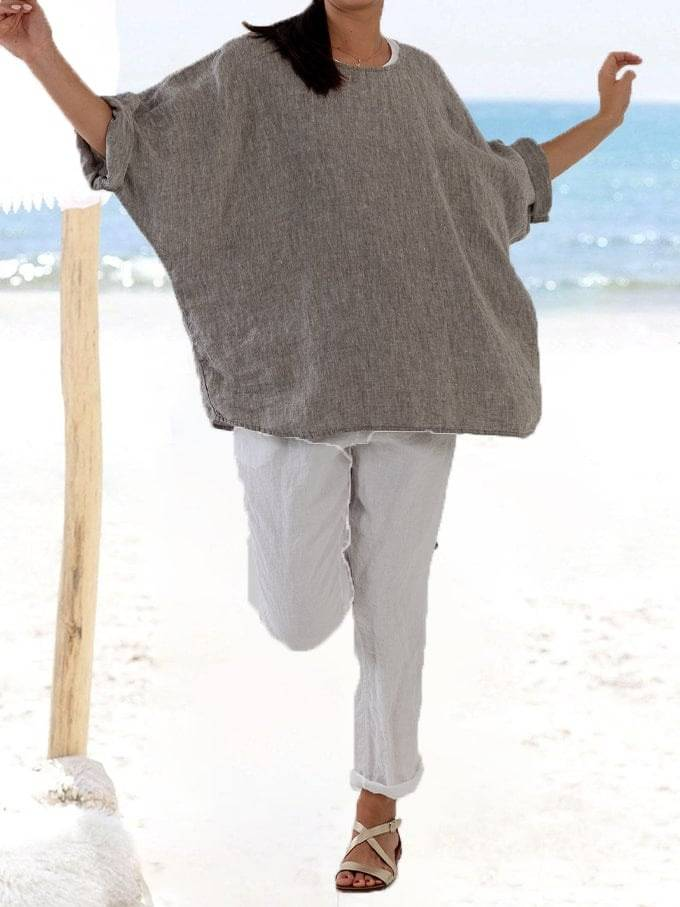 Women's Clothing Flower Elements Bamboo Linen Large Round Neck Drop Shoulder Loose Three Quarter Sleeve T_voghion.com