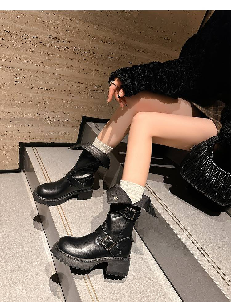 Bottes d'équitation à talons épais pour femme - Bottes mi-mollet en cuir avec fermeture éclair à l'arrière, bout rond, semelle antidérapante pour l'hiver, le printemps et l'automne._voghion.com