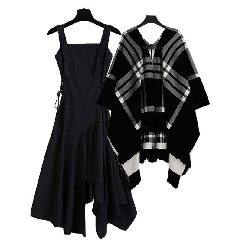 Drapiertes Strickcape- und Slipdress-Set – Strukturiertes Polyester-Schichten-Ensemble für Herbst/Winter (M-4XL)_voghion.com