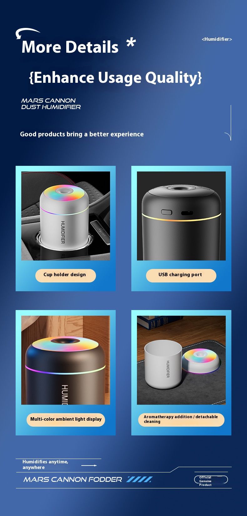 Humidificateur Mars Mini Pro – Brume froide ultrasonique USB portable pour voiture et chambre, réservoir de 500 ml, lumière d'ambiance LED 7 couleurs, 36 dB silencieux_voghion.com