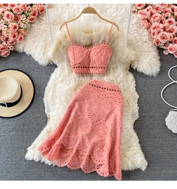 Women's Backless Short Tube Top Camisole Top Two-piece Suit 1 Waist Ruffle Skirt_voghion.com