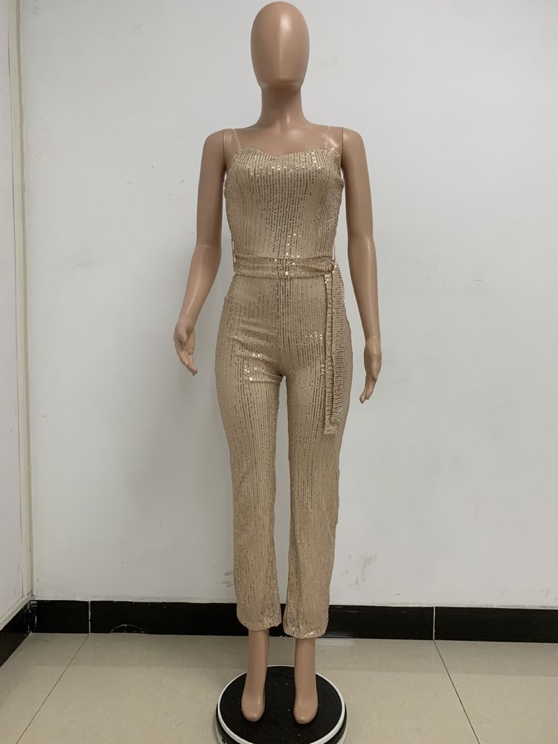 Dametøj Ærmeløs pailletterbæltejumpsuit ensfarvet tubetop rygløs jumpsuit_voghion.com