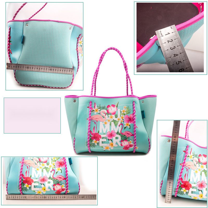 Tauchstoff Strandtasch, bedréckte Flamingo Handtasche, Outdoor Picknick Fraen Handtasche mat grousser Kapazitéit_voghion.com