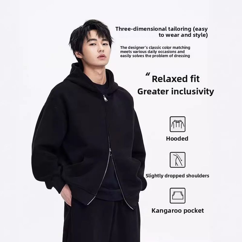 Schwerer 500G Anti-Falten-Pullover mit Doppelreißverschluss und Kapuze für Herren_voghion.com