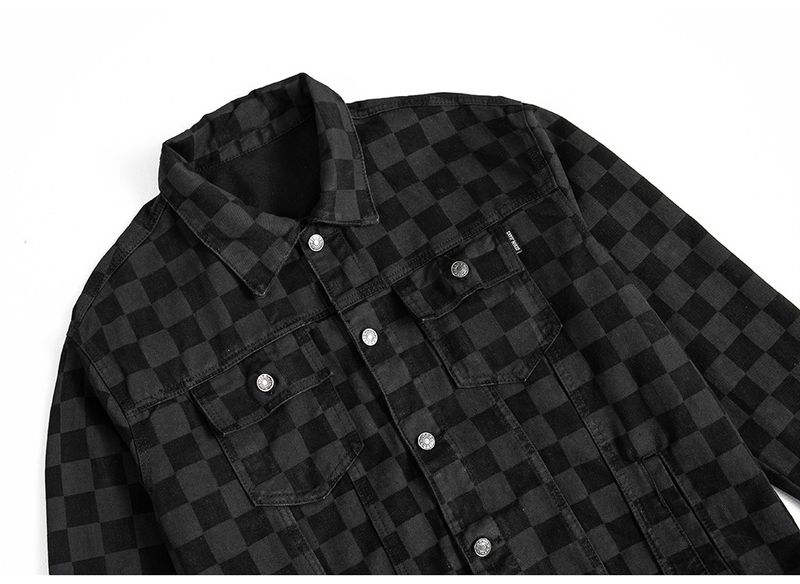 Herren Jeansjacke mit Karomuster, lässig, locker, kariert, schwarzer Mantel mit langen Ärmeln_voghion.com
