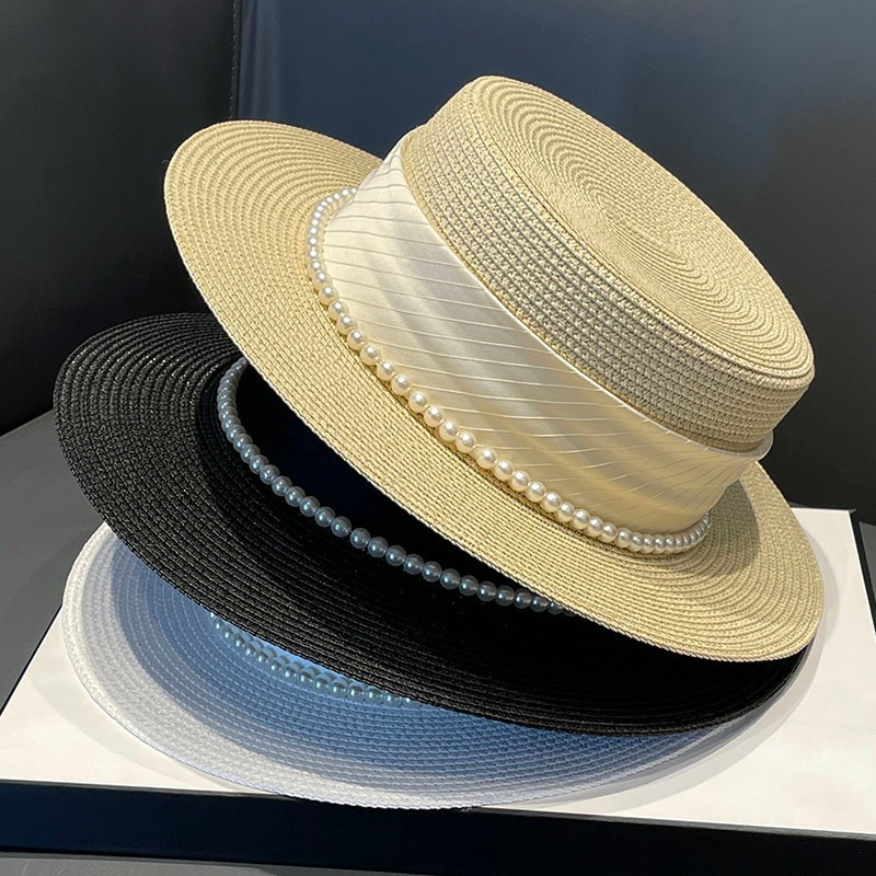 French socialite style flat top children 2024 new elegant pearl grass woven seaside sun protection and sunshade hat for_voghion.com