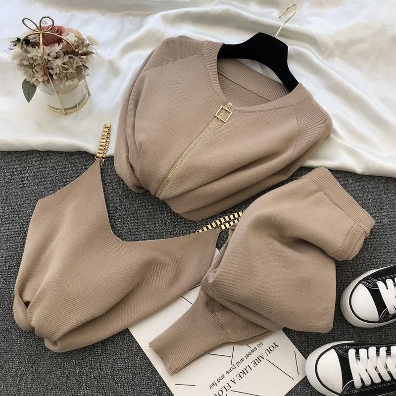 Women's Clothing autumn new ins sweet temperament chain vest knitted jacket + small foot elastic pants three piece set_voghion.com