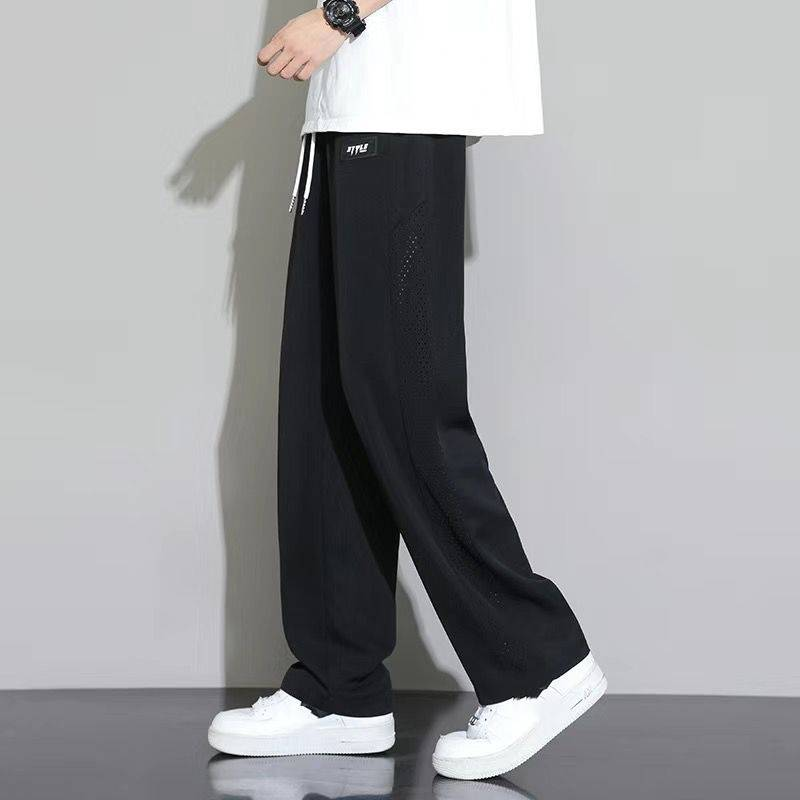 Pantalon d'été en maille de soie glacée pour homme, fin, respirant, ample, jambes larges, drapé, style sportif d'été, style patchwork décontracté_voghion.com