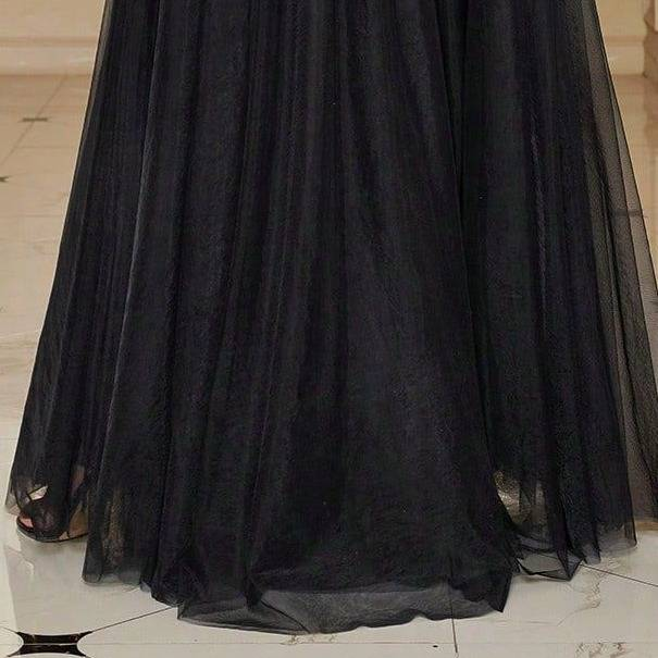 Robe élégante en maille dos nu – Robe longue à décolleté en cœur et broderies florales (S-XL, noir, polyester-élasthanne)_voghion.com