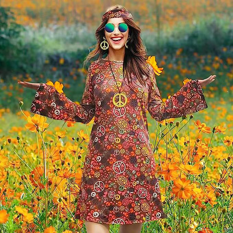 Neu Damen Festliche Vintage Hippie Kleidung Damenkleid mit Kopftuch_voghion.com