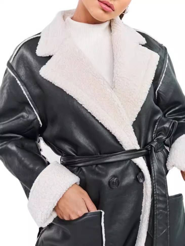 Trench da donna alla moda con cintura - Cappotto lungo casual in similpelle spessa per autunno e inverno, vestibilità ampia, elegante e alla moda_voghion.com