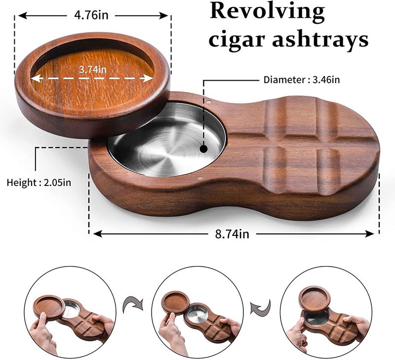 Wooden Cigar Ashtray With Rotating Lid, Whiskey Glass Holder, Windproof Covered Ashtray For Cigars & Whiskey Lovers_voghion.com