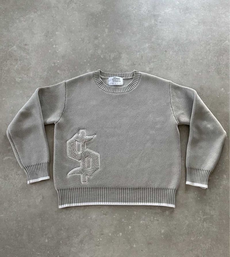 Men's Embroidered Crewneck Sweater High Street Design Jacquard Loose Knitwear Autumn Winter Casual Fashion Top Grey_voghion.com