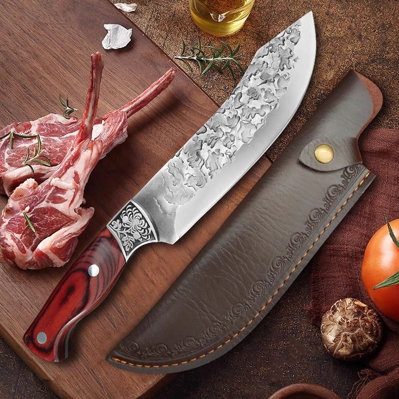 Coltello da disosso professionale forgiato a mano con testa in acciaio intagliato - lama in acciaio inossidabile 4Cr13, impugnatura ergonomica in Pakkawood e fodero in pelle_voghion.com