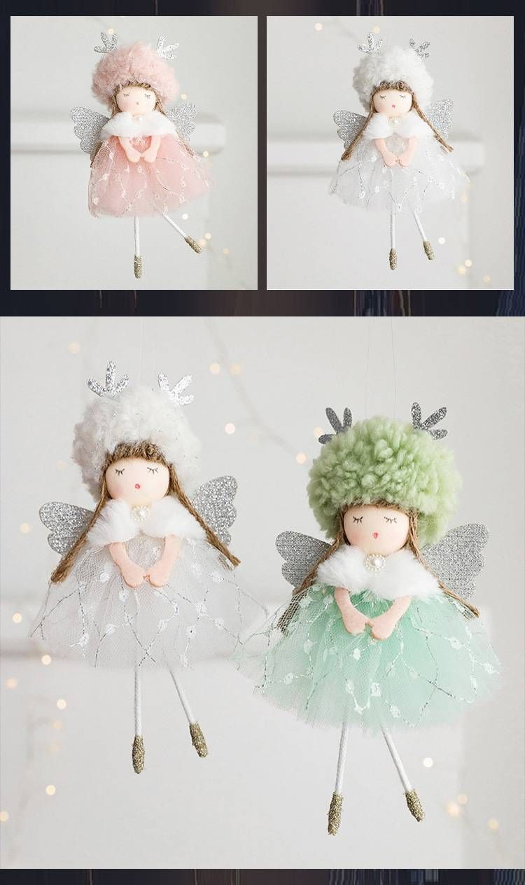 Enchanting Angel Girl Christmas Ornament – Fluffy Tulle Skirt & Antler Wings For Festive Tree Decor (Green/White/Pink)_voghion.com