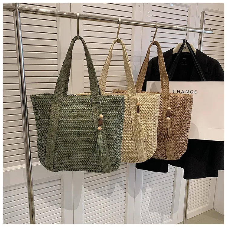 Elegante borsa da donna in paglia intrecciata, da spiaggia, per le vacanze, per il pendolarismo, casual, con manico superiore, alla moda, retrò, a tracolla, 2024_voghion.com
