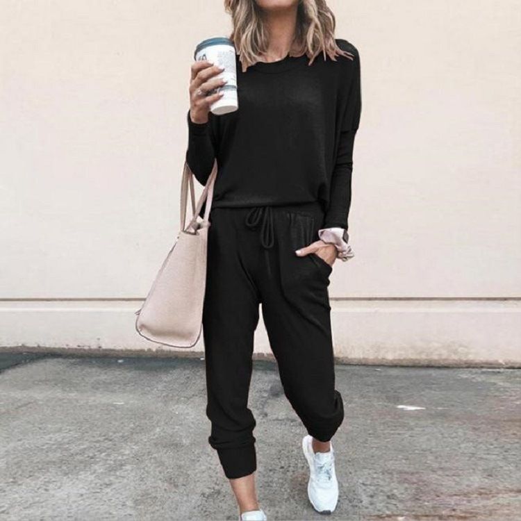 Solid Color Loose Casual Suit For Women Spring And Autumn New Round Neck Long Sleeved Harem Pants Two-Piece Set_voghion.com