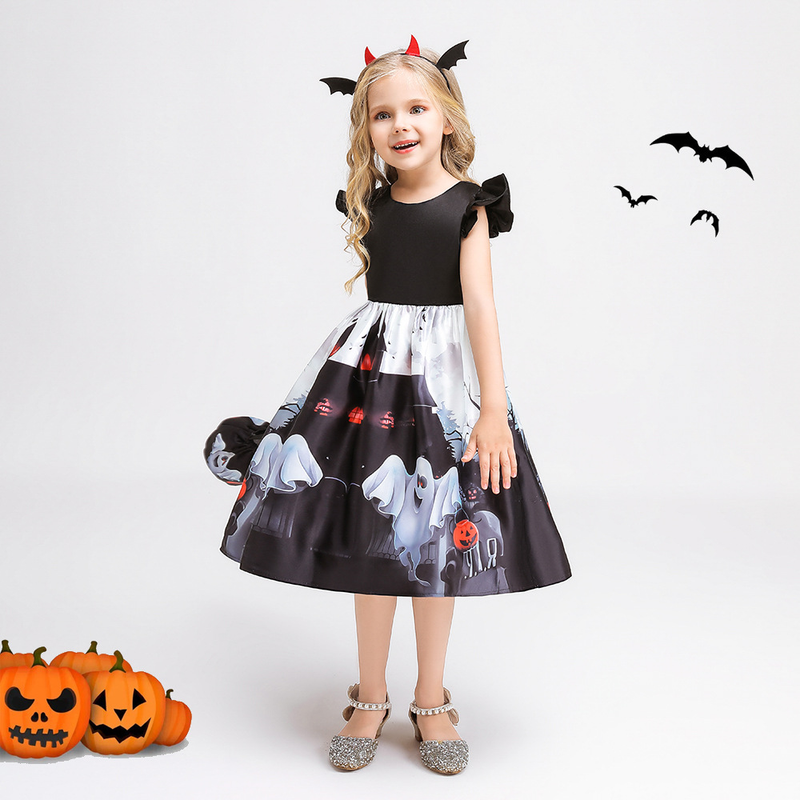 Ghost Show Kleid Kinder bedrucktes Band Bag Forged Cloth Kleid Mädchen Halloween Show Kleid_voghion.com