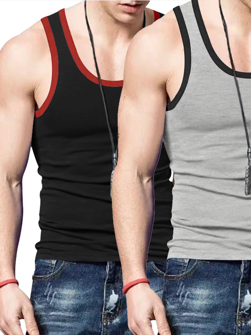 24 Cross-border Summer Men's Vest Ice Silk Solid Color New Sleeveless Breathable Tight Casual Sports Vest 2-piece Set_voghion.com