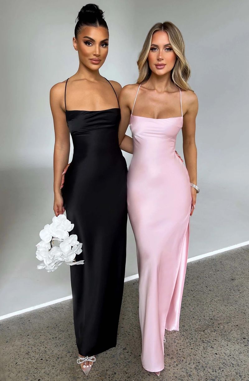 Abito in raso con spacco posteriore e dettaglio allacciato - Abito midi aderente sexy con scollo a V per donna, elegante abito da discoteca e da festa (nero/rosa/smeraldo, S/M/L)_voghion.com
