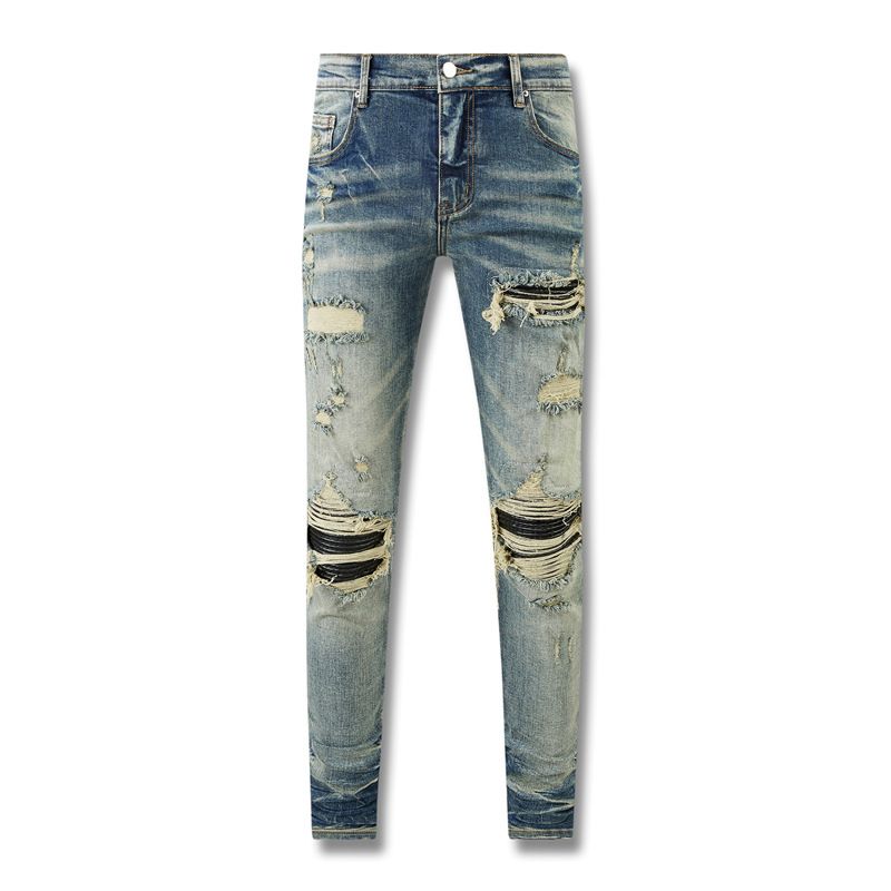 Hiphop Fashion Loch Patch Slim Fit Skinny Jeans Herrenhose_voghion.com