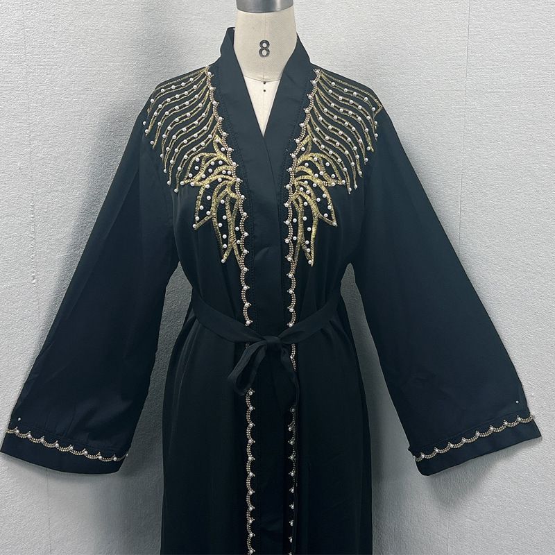 Stílusos és elegáns hímzett gyöngyös kardigán muszlim Abaya_voghion.com