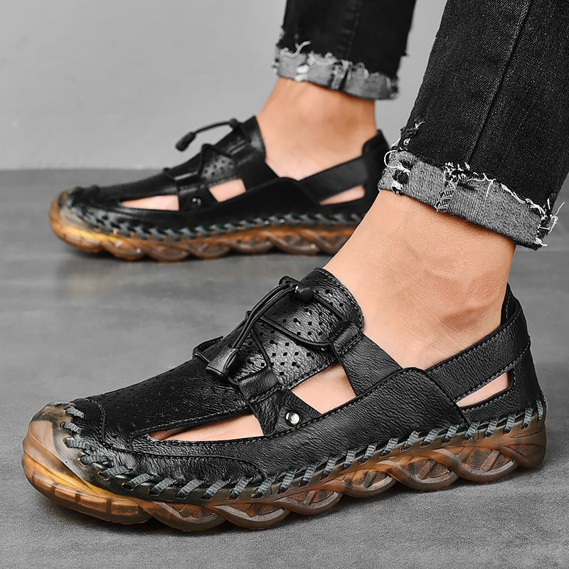 Unschlagbare Qualität Italienische Sommersandalen Herren Leder Atmungsaktiv Perforiert Mit Weichen Sohlen Und Anti-Rutsch Outdoor Strandschuhe_voghion.com