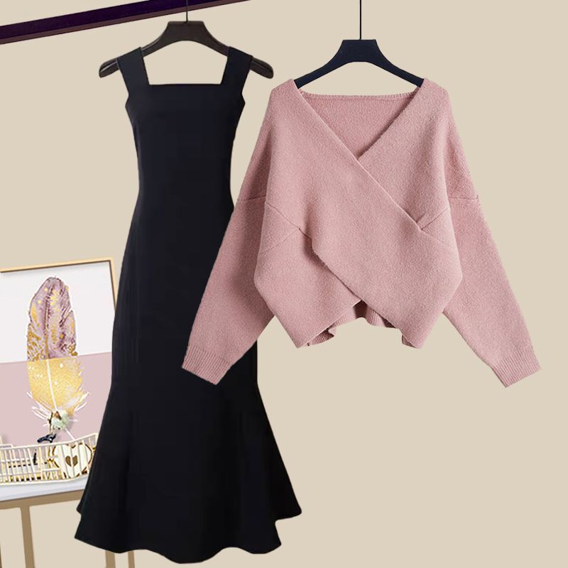 Ensemble 2 pièces élégant pull croisé et robe noire amincissante – Tenue printanière polyvalente pour femme (plusieurs coloris disponibles)_voghion.com