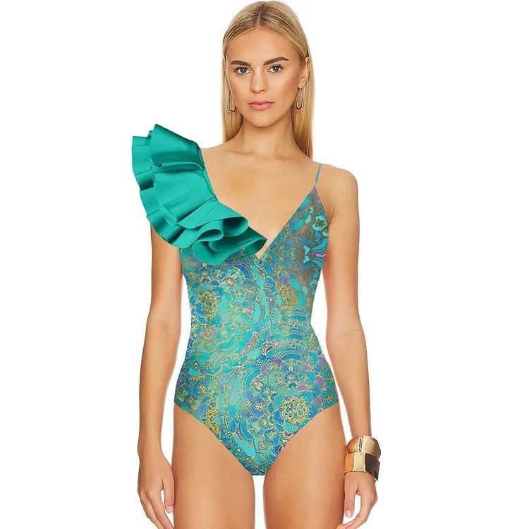 Nouveau maillot de bain une pièce pour femmes avec maillot de bain une pièce imprimé de style ethnique à volants et jupe portefeuille_voghion.com
