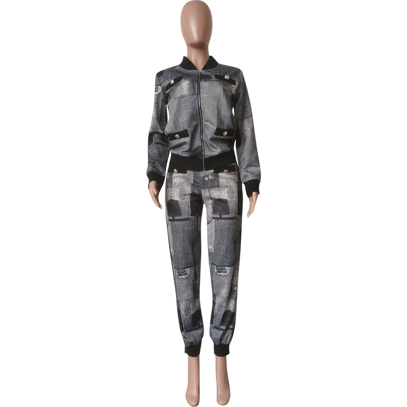 Traje casual de moda para mujer, abrigo con botones y pantalones con estampado de mil pájaros, conjunto de dos piezas_voghion.com