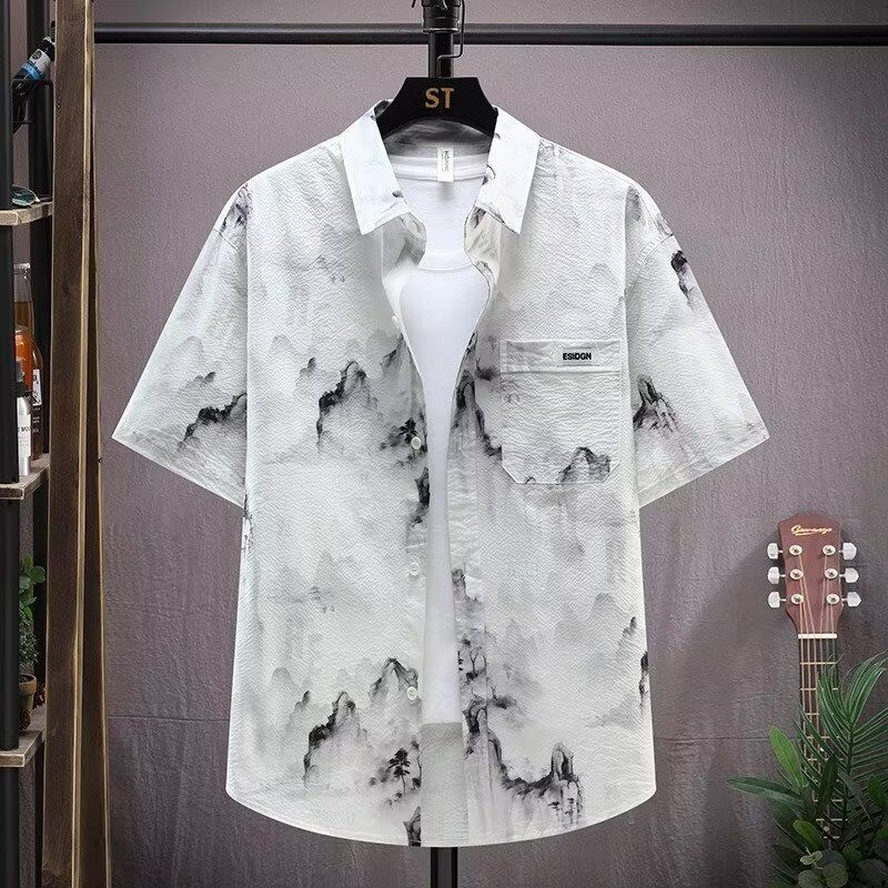 Camicia da uomo a maniche corte, vestibilità comoda, con stampa di paesaggio cinese, tessuto traspirante in seta ghiacciata (taglie dalla M alla 4XL)_voghion.com